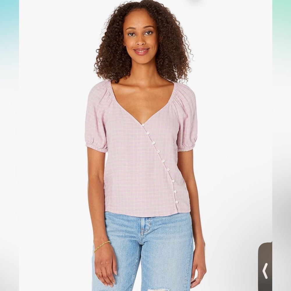 Madewell Linen-Blend Puff-Sleeve Button-Wrap Top in Plaid